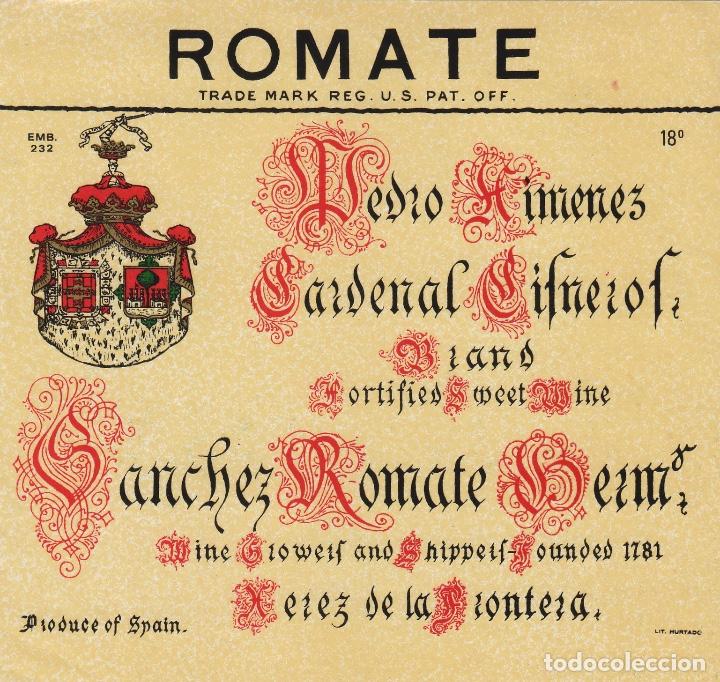 Etichette antiche: SANCHEZ ROMATE . JEREZ PEDRO XIMENEZ CARDENAL CIFNEROF - , ETIQUETA VINO ORIGINAL ref 137