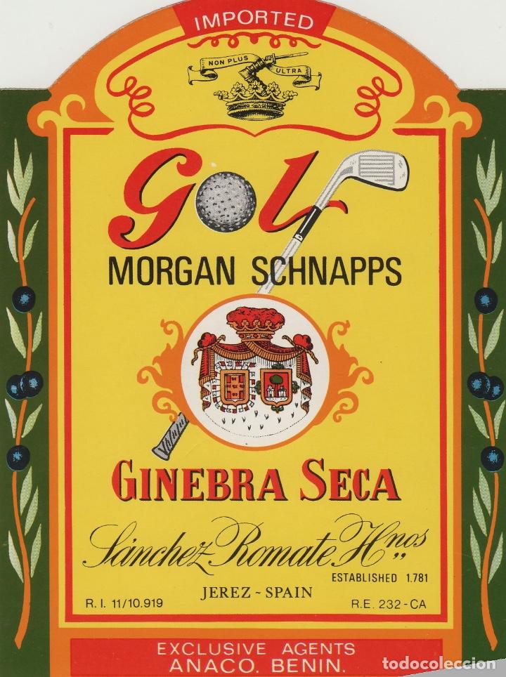 Etichette antiche: SANCHEZ ROMATE . JEREZ GOLF MORGAN SCHNAPPS - , ETIQUETA VINO ORIGINAL ref 140