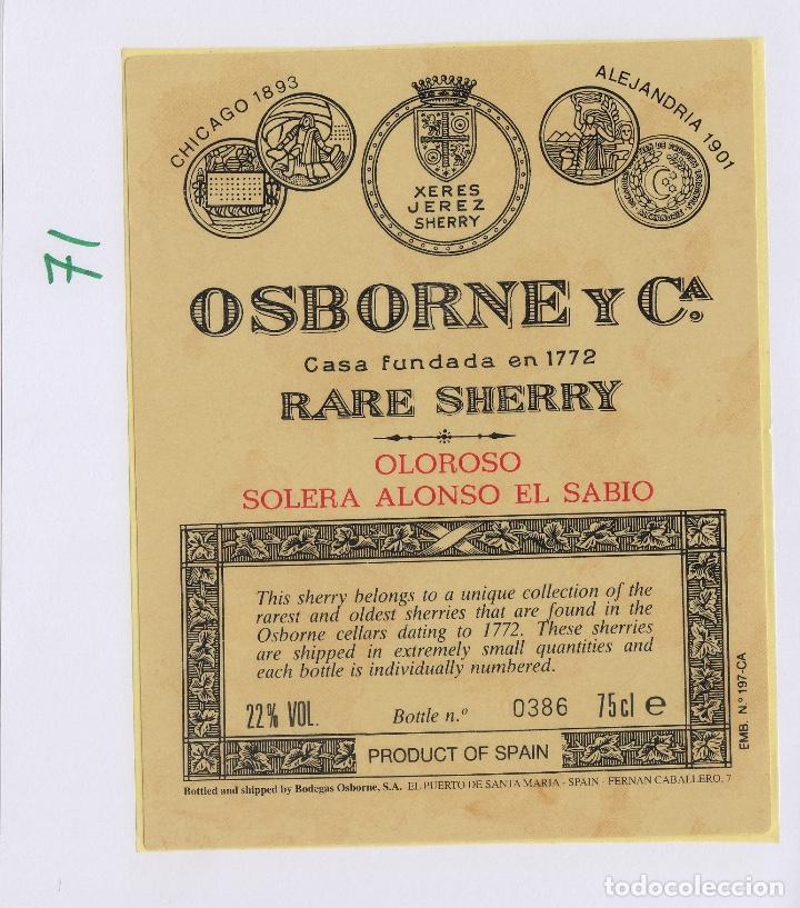 Etiquetas antiguas: OSBORNE .RARE SHERRY OLOROSO SOLERA ALONSO EL SABIO . ETIQUETA VINO ref71