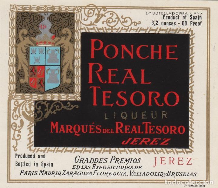 Etiquetas antiguas: MARQU&Eacute;S Del Real TESORO . JEREZ . PONCHE tama&ntilde;o peque&ntilde;o 8x7 cm . ETIQUETA DE VINO ref 5