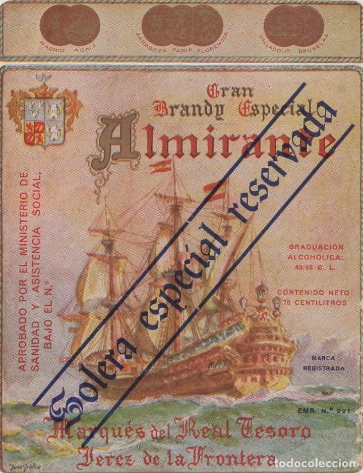 Etiquetas antiguas: MARQU&Eacute;S Del Real TESORO . JEREZ .BRANDY ALMIRANTE SOLERA ESPECIAL . ETIQUETA DE VINO ref 13