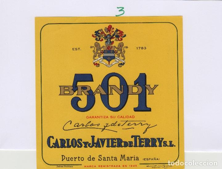 Etiquetas antiguas: TERRY CARLOS JAVIER. PUERTO DE Santa Maria . BRANDY 501 . ETIQUETA DE VINO ref 3 tama&ntilde;o 13x13 cm
