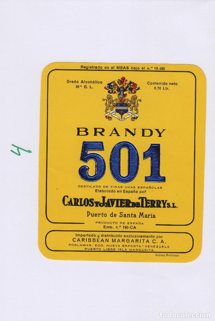 Etiquetas antiguas: TERRY CARLOS JAVIER. PUERTO DE Santa Maria . BRANDY 501 . ETIQUETA DE VINO ref 4