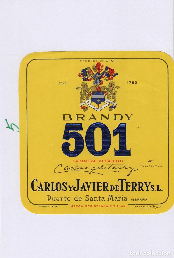 Etiquetas antiguas: TERRY CARLOS JAVIER. PUERTO DE Santa Maria . BRANDY 501 . ETIQUETA DE VINO ref 4