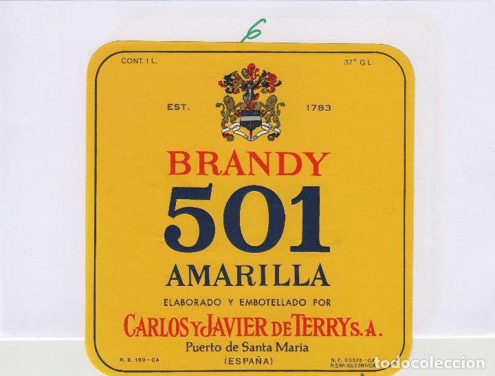 Etiquetas antiguas: TERRY CARLOS JAVIER. PUERTO DE Santa Maria . BRANDY 501 AMARILLA . ETIQUETA DE VINO ref