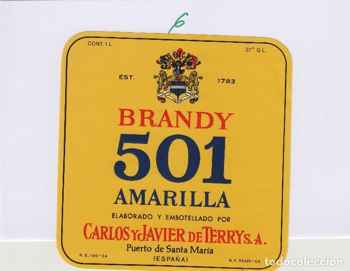 Etiquetas antiguas: TERRY CARLOS JAVIER. PUERTO DE Santa Maria . BRANDY 501 AMARILLA . ETIQUETA DE VINO ref