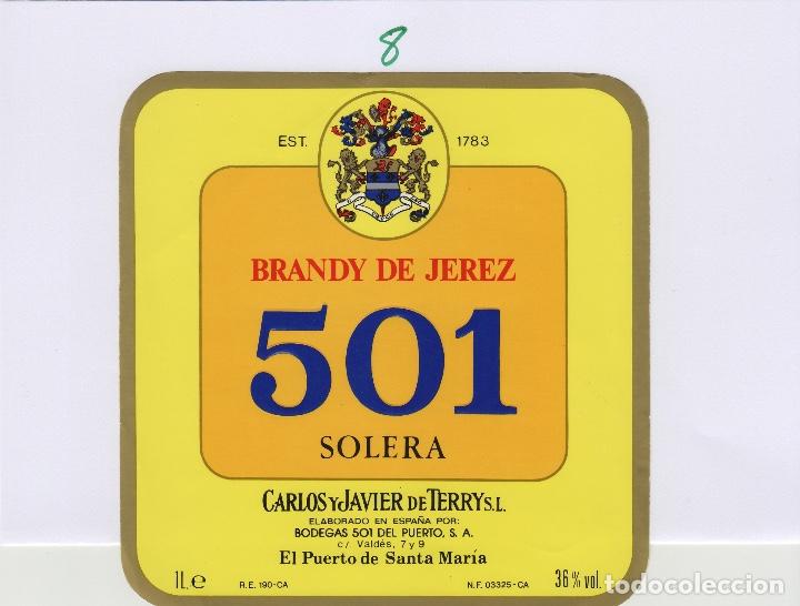 Etiquetas antiguas: TERRY CARLOS JAVIER. PUERTO DE Santa Maria . BRANDY 501 solera . ETIQUETA DE VINO ref 8