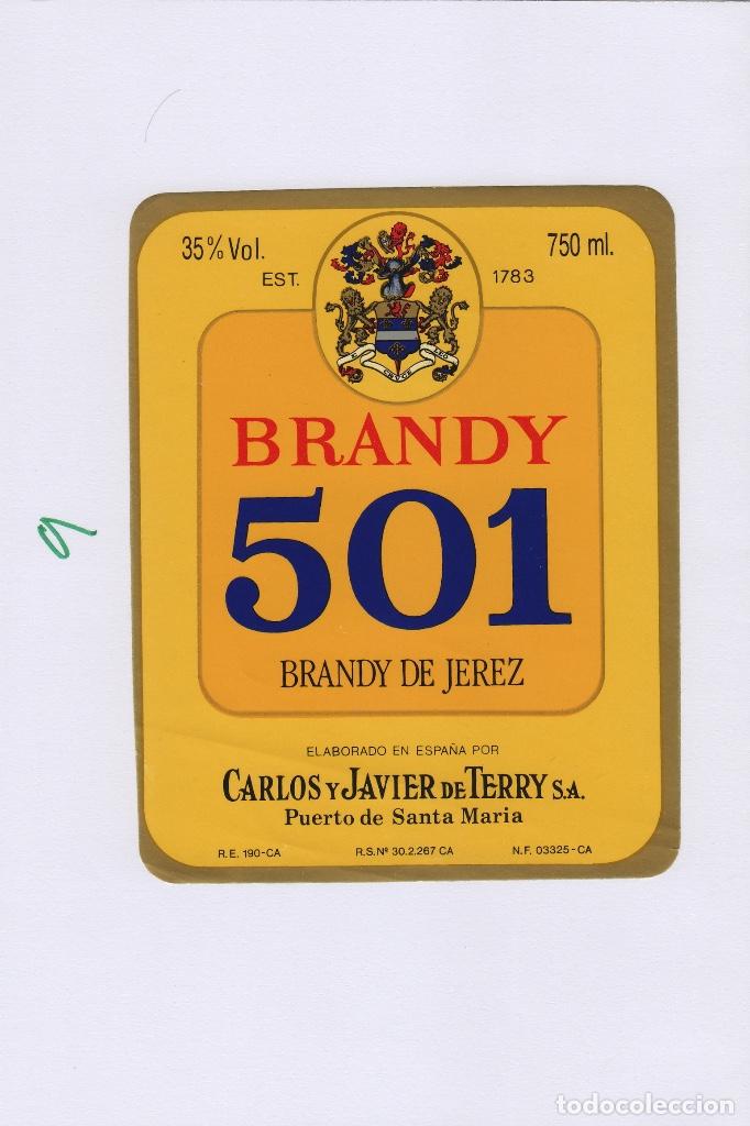 Etiquetas antiguas: TERRY CARLOS JAVIER. PUERTO DE Santa Maria . BRANDY 501 . ETIQUETA DE VINO ref 9