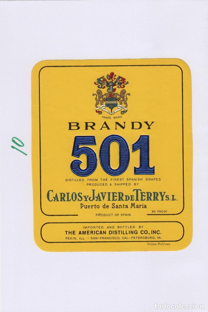 Etiquetas antiguas: TERRY CARLOS JAVIER. PUERTO DE Santa Maria . BRANDY 501 importado . ETIQUETA DE VINO ref 10