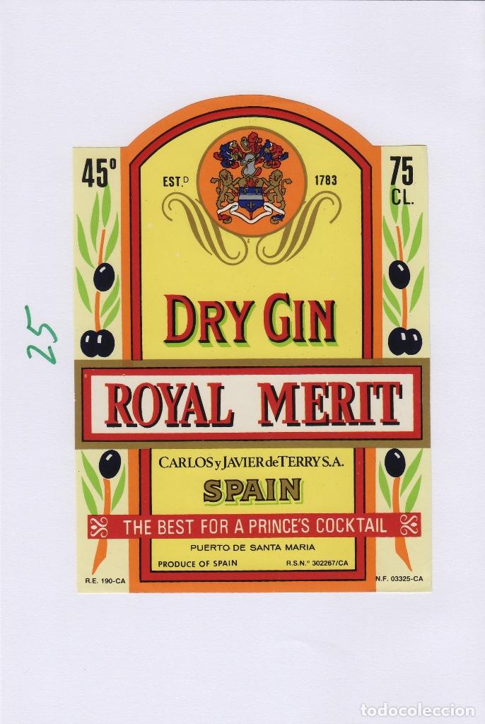 Etiquetas antiguas: TERRY CARLOS JAVIER. PUERTO DE Santa Maria . DRY GIN GINEBRA ROYAL MERIT . ETIQUETA DE VINO ref 25