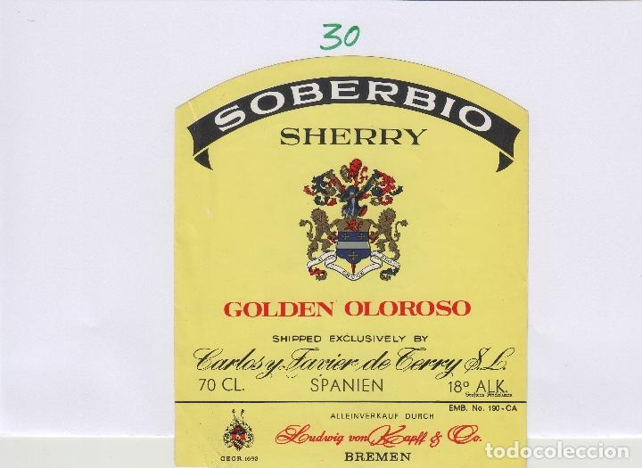 Etiquetas antiguas: TERRY CARLOS JAVIER. PUERTO DE Santa Maria . SHERRY SOBERBIO OLOROSO . ETIQUETA DE VINO ref 30