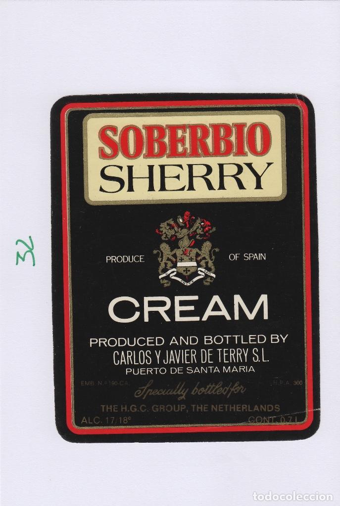 Etiquetas antiguas: TERRY CARLOS JAVIER. PUERTO DE Santa Maria . SHERRY SOBERBIO CREAM . ETIQUETA DE VINO ref 32