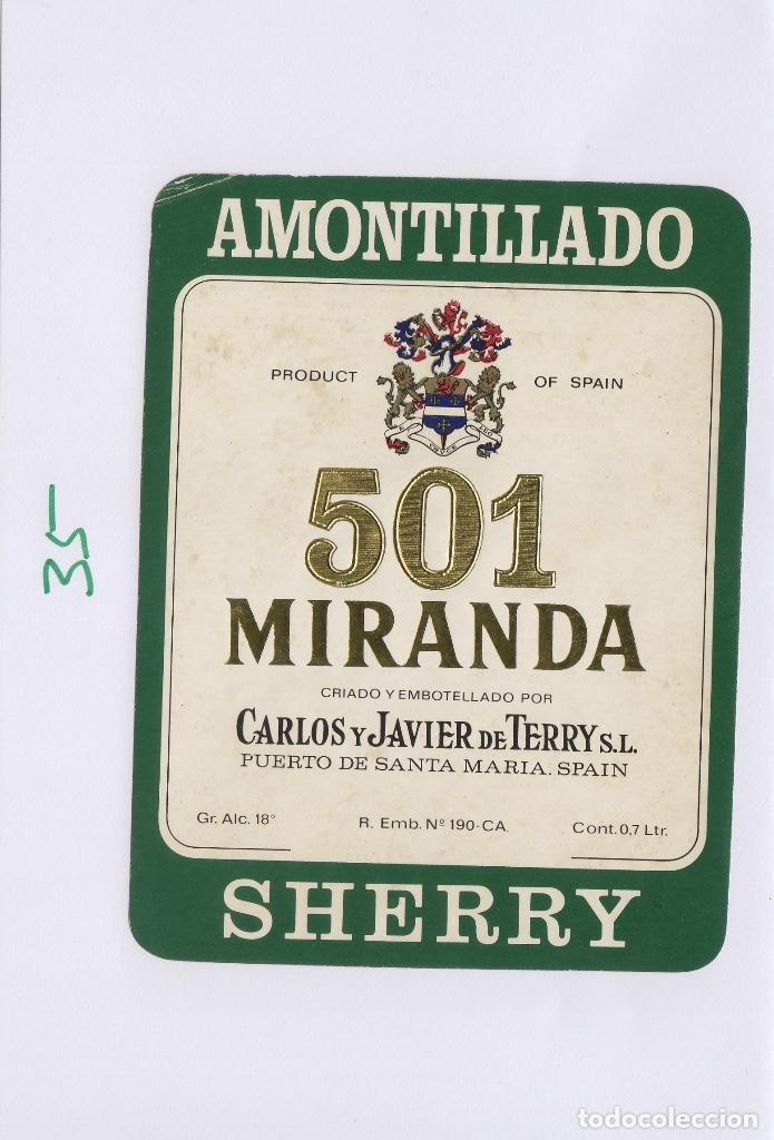 Etiquetas antiguas: TERRY CARLOS JAVIER. PUERTO DE Santa Maria . SHERRY AMONTILLADO 501 MIRANDA. ETIQUETA DE VINO ref 35