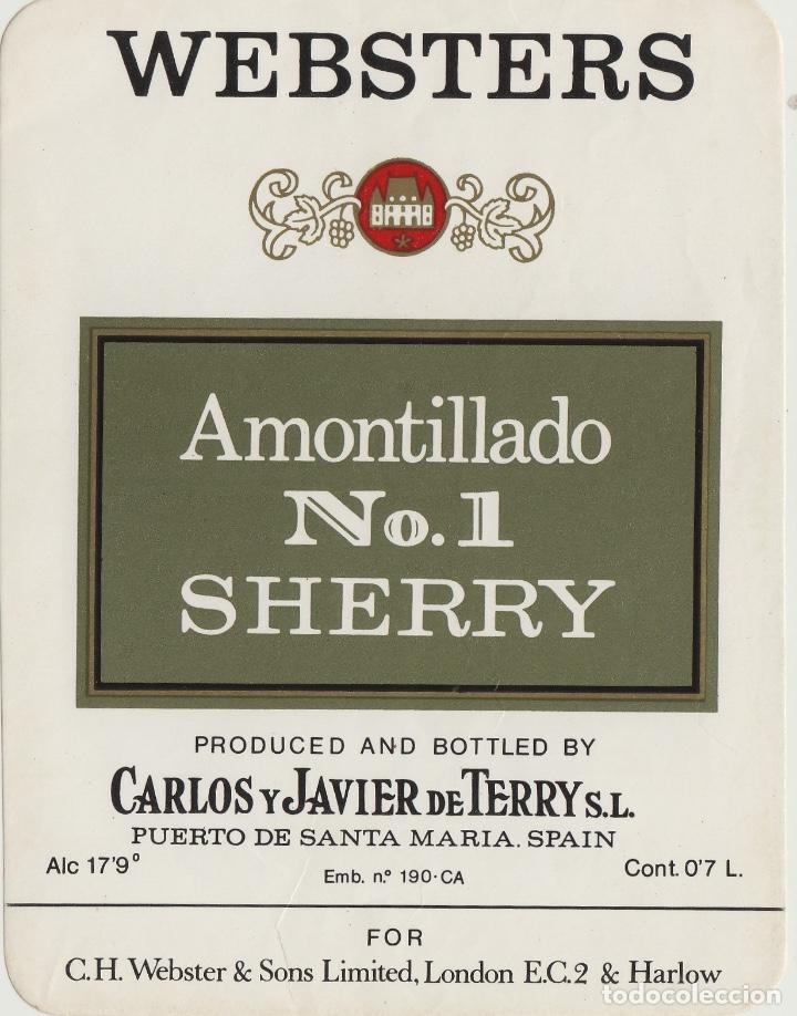 Etiquetas antiguas: TERRY CARLOS JAVIER. PUERTO DE Santa Maria .WEBSTERS AMONTILLADO N&ordm;1 SHERRY. ETIQUETA DE VINO ref 37