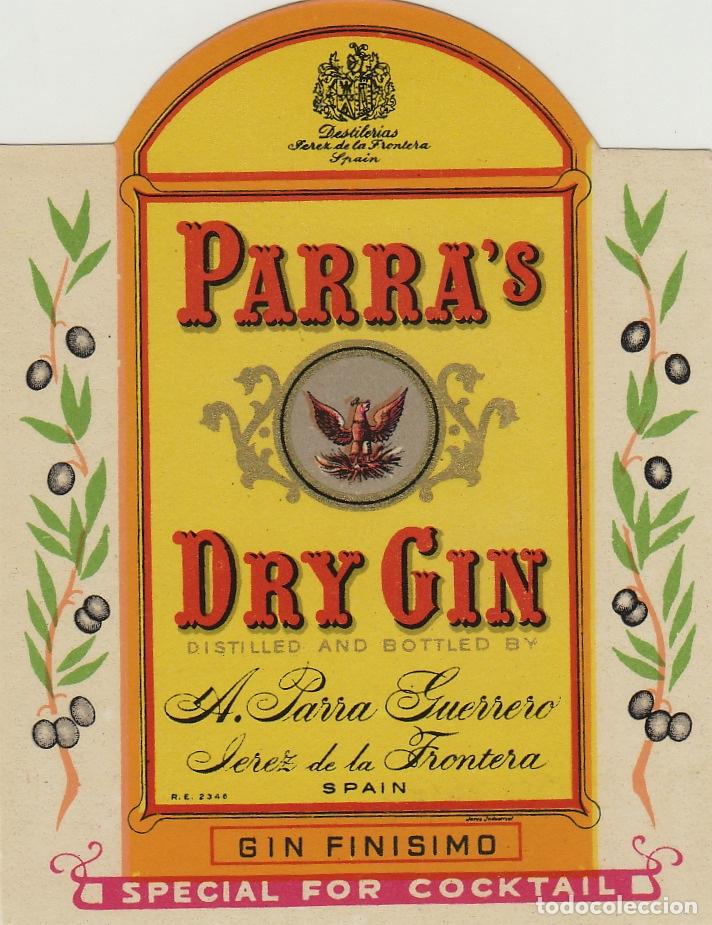 Etiquetas antiguas: PARRA GUERRERO . JEREZ . - GINEBRA GIN , peque&ntilde;a 6x 6,5 cm . ETIQUETA DE VINO ref 37