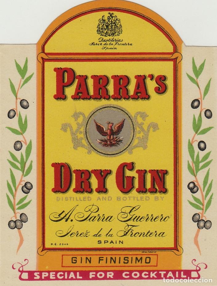 Etiquetas antiguas: PARRA GUERRERO . JEREZ . - GINEBRA GIN , peque&ntilde;a 6x 6,5 cm . ETIQUETA DE VINO ref 37