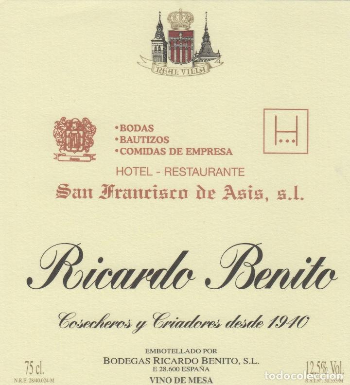 Etiquetas antiguas: MADRID , RICARDO BENITO , HOTEL San Francisco DE ASIS . ETIQUETA DE VINO ref 152