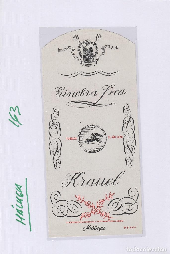 Etiquetas antiguas: M&Aacute;LAGA . GINEBRA SECA KRAUEL . ETIQUETA DE VINO ref 163