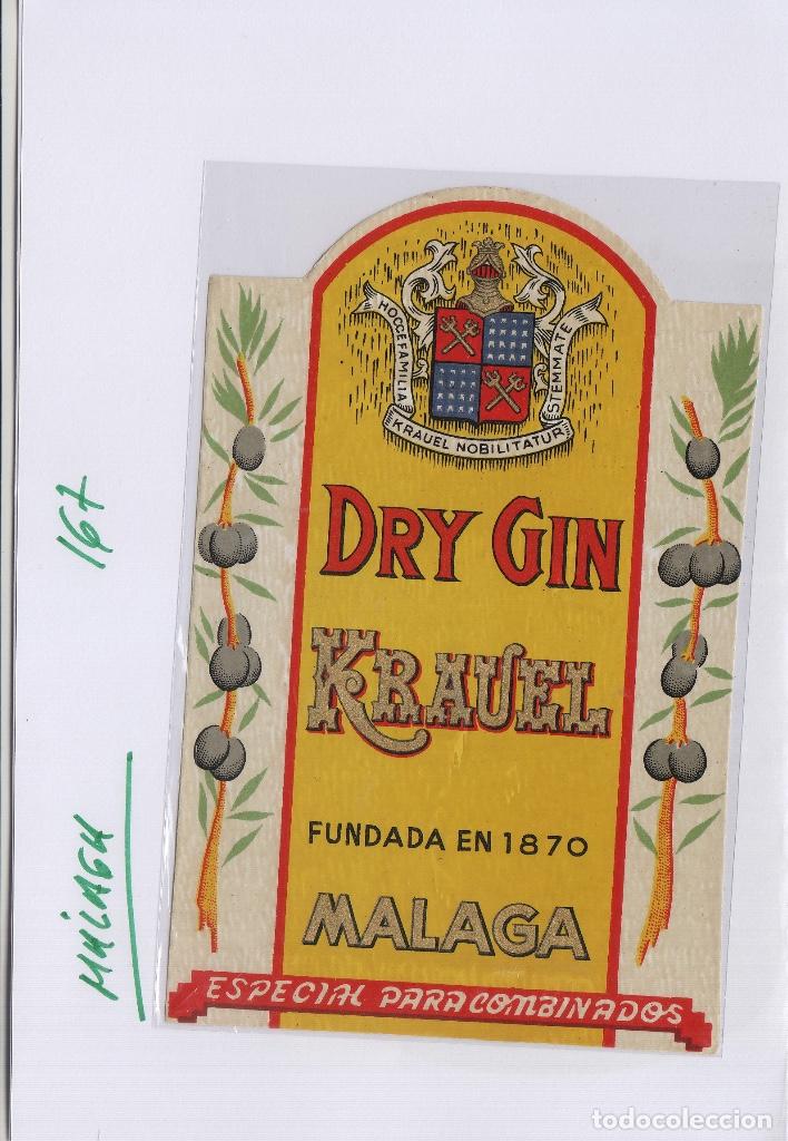 Etiquetas antiguas: M&Aacute;LAGA . DRY GIN , GINEBRA KRAUEL . ETIQUETA DE VINO ref 167