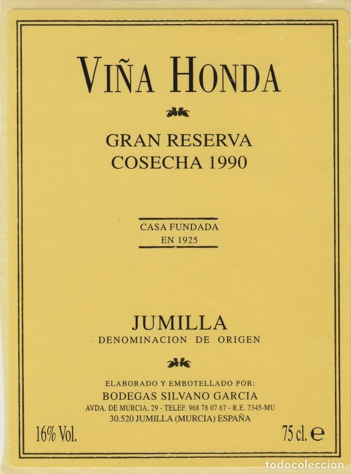 Etiquetas antiguas: MURCIA . JUMILLA VI&Ntilde;A HONDA COSECHA 1990 . ETIQUETA DE VINO ref 172