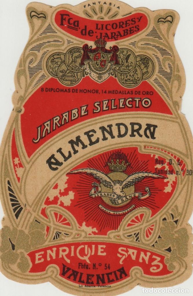 &Eacute;tiquettes anciennes: VALENCIA . ALCACER ,SANZ , JARABE ALMENDRA etiqueta peque&ntilde;a . ETIQUETA DE VINO ref 205