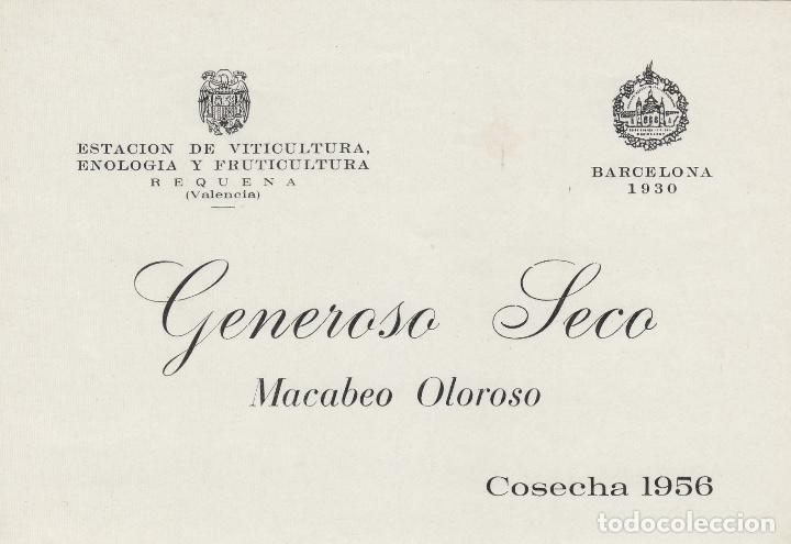 &Eacute;tiquettes anciennes: VALENCIA .REQUENA , ESTACION VITICULTURA , GENEROSO SECO COSECHA 1956 .ETIQUETA DE VINO ref 211