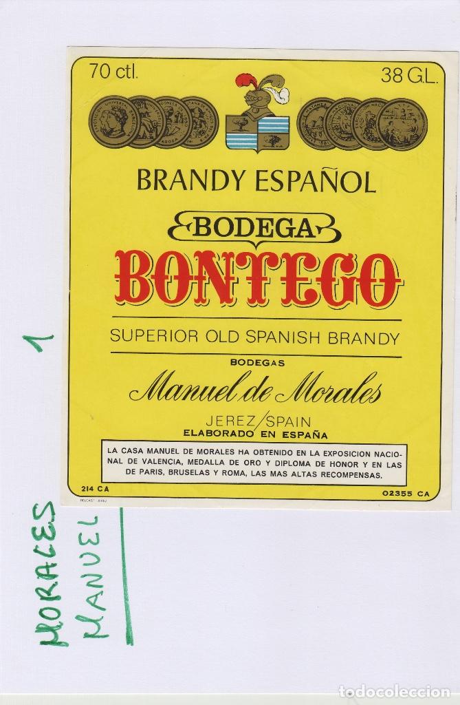 Etiquetas antiguas: MORALES de MANUEL . JEREZ . BRANDY BODEGA BONTEGO SUPERIOR .ETIQUETA DE VINO ref 1
