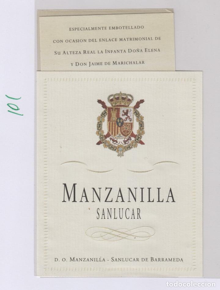 Etiquetas antiguas: EMBOTELLADO ESPECIAL. SANLUCAR ENLACE MATRIMONIAL INFANTA ELENA Y JAIME MARICHALAR . ETIQUETA VINO