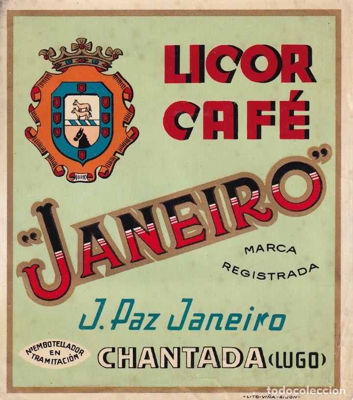 Etiquetas antiguas: Etiqueta original LIcor caf&eacute; Janeiro J. Paz Janeiro. Chantada Lugo. 14 x 12 cm
