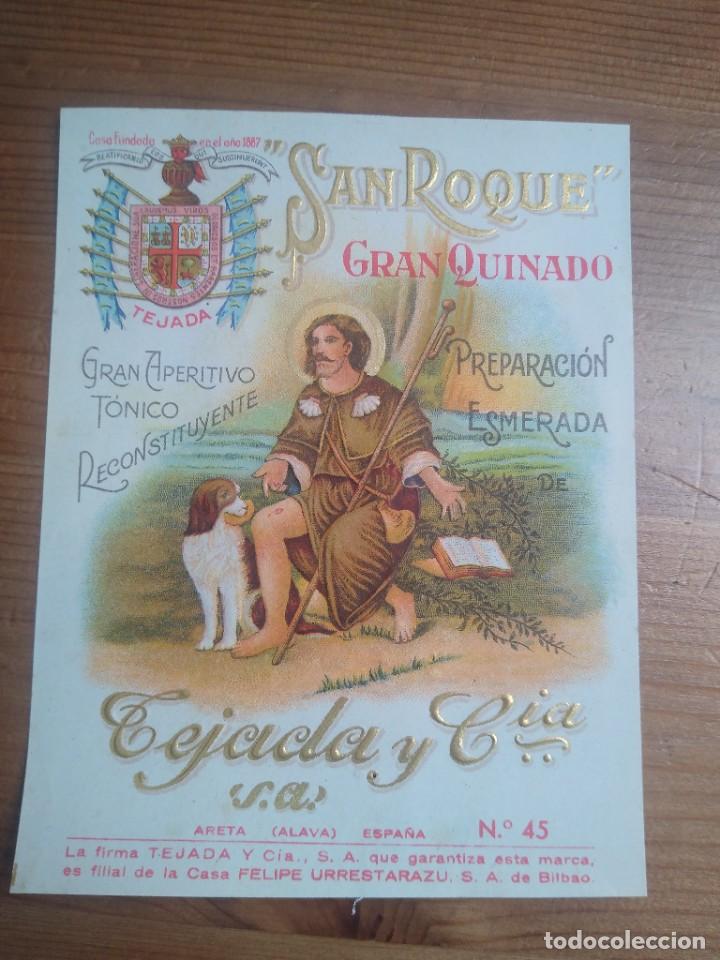 Old Labels: Etiqueta original gran quinado. San Roque. Tejada y c&iacute;a. &Aacute;rea &Aacute;lava.