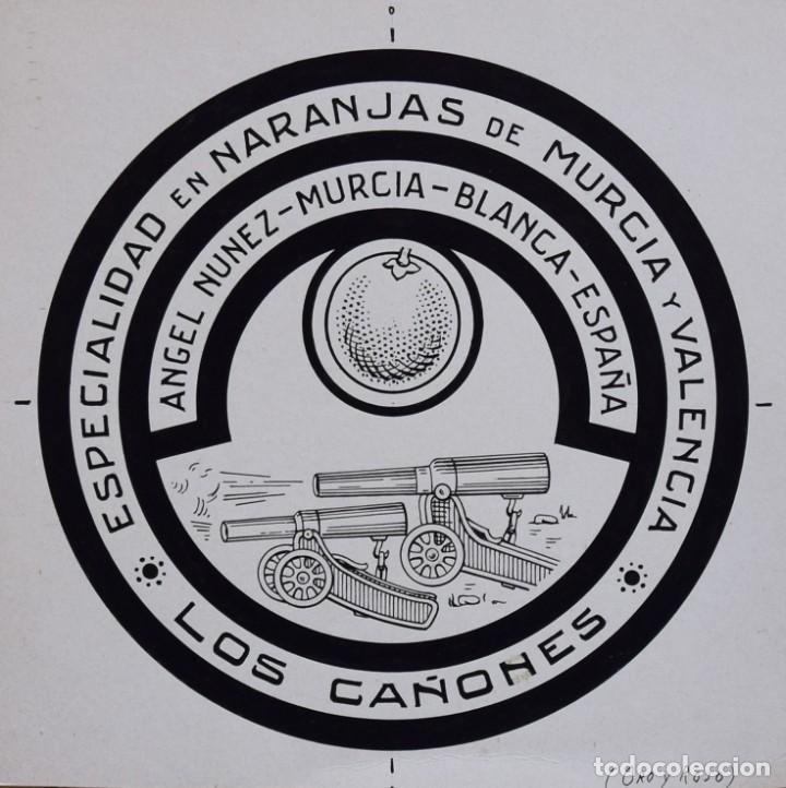 Etichette antiche: DISE&Ntilde;O ORIGINAL PARA IMPRIMIR. ETIQUETA NARANJA. LOS CA&Ntilde;ONES. ANGEL NU&Ntilde;EZ. MURCIA.