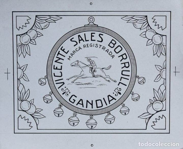 Etichette antiche: DISE&Ntilde;O ORIGINAL PARA IMPRIMIR. ETIQUETA NARANJA. VICENTE SALES BORRULL. GAND&Iacute;A