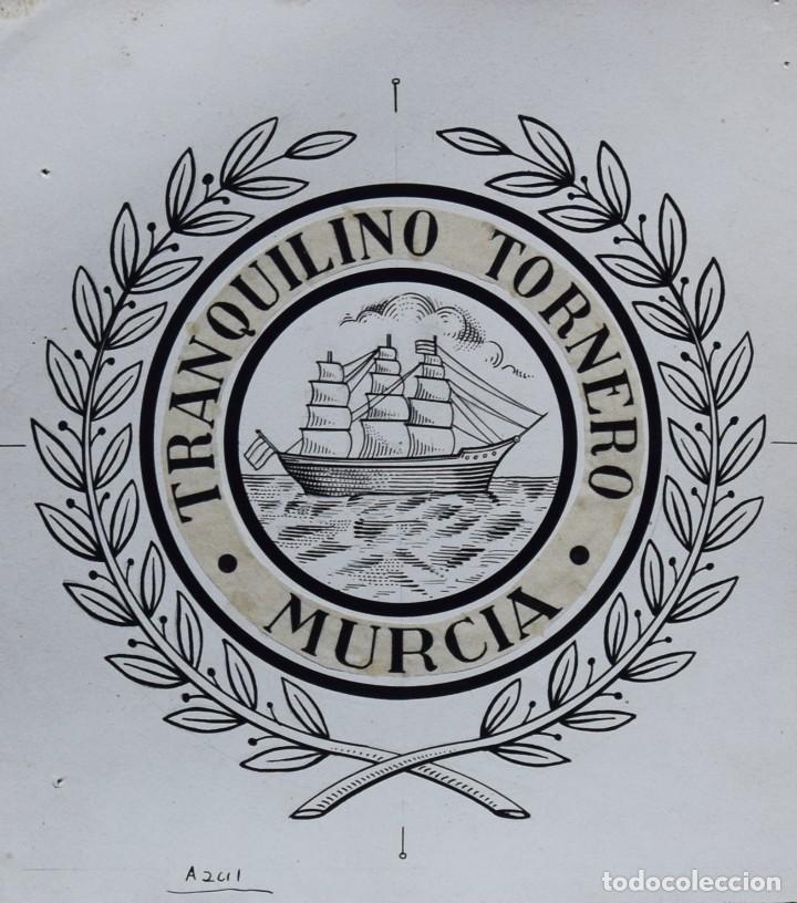 Etichette antiche: DISE&Ntilde;O ORIGINAL PARA IMPRIMIR. ETIQUETA NARANJA. TRANQUILINO TORNERO. MURCIA