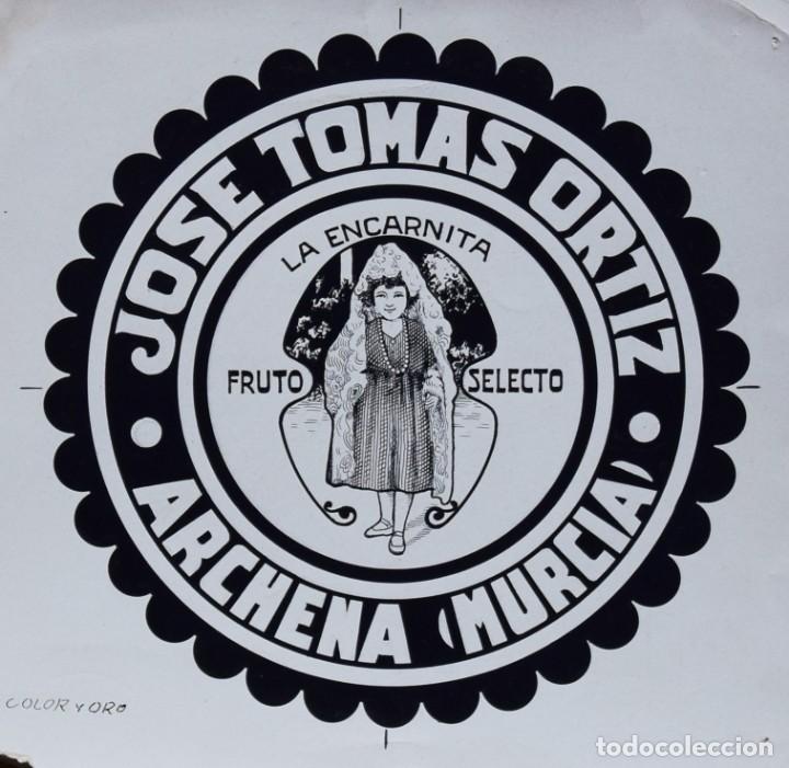 Alte Etiketten: DISE&Ntilde;O ORIGINAL PARA IMPRIMIR. ETIQUETA NARANJA. JOS&Eacute; TOMAS ORTIZ. ARCHENA (MURCIA)