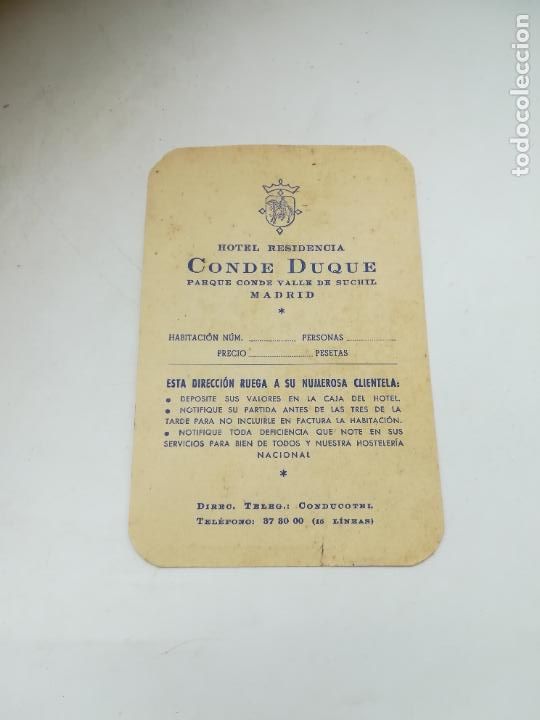 Alte Etiketten: TARJETA DE HOTEL RESIDENCIA CONDE DIQUE. MADRID. CON CALLEJERO AL DORSO. VER