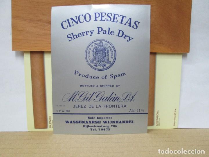 Alte Etiketten: ANTIGUA ETIQUETA, CINCO PESETAS SHERRY PALE DRY GIL GALAN