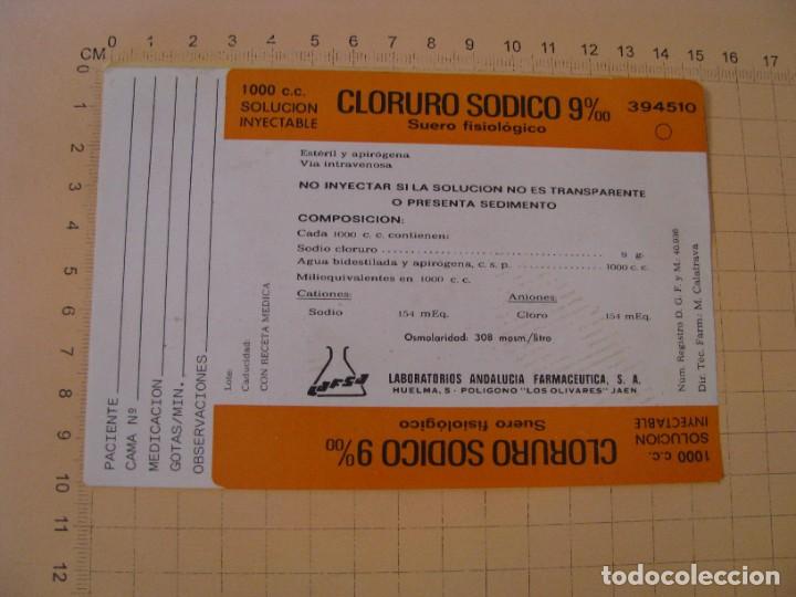 Old Labels: ETIQUETA ADHESIVO. CLORURO SODICO 9% LABORATORIOS ANDALUCIA FARMACEUTICA S. A. JAEN.