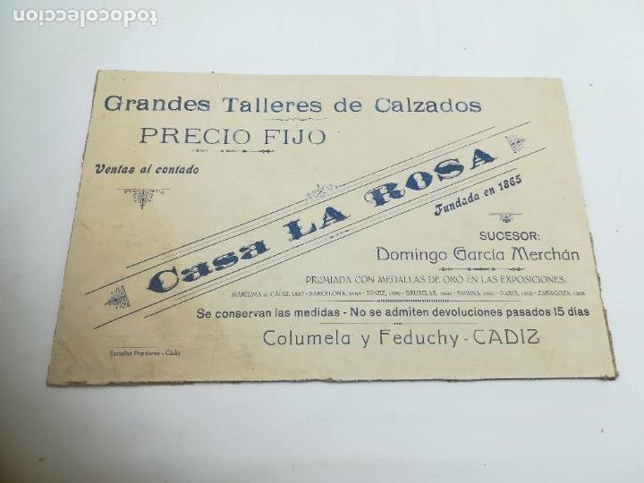 Alte Etiketten: FRONTAL CAJA ZAPATOS. CASA LA ROSA. TALLERES DE CALZADOS. CADIZ. EN CARTON. 26 X 17 CM.