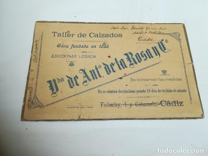 Alte Etiketten: FRONTAL CAJA ZAPATOS. VIUDA DE ANTONIO DE LA ROSA Y CIA. TALLER DE CALZADOS. CADIZ. 28 X 18 CM