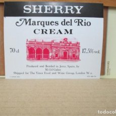 Etiquetas antiguas: ANTIGUA ETIQUETA, SHERRY MARQUES DEL RIO CREAM