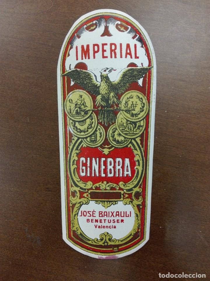 Etiquetas antiguas: ETIQUETA ORIGINAL- JOSE BAIXAULI - BENETUSER - VALENCIA - GINEBRA IMPERIAL - A&Ntilde;OS 20-30