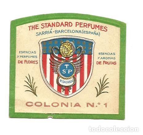 Etichette antiche: COLONIA N&ordm;1 ESENCIA THE STANDARD PERFUMES BARCELONA PERFUMERIA 4X5CMS ETIQUETA ANTIGUA Original