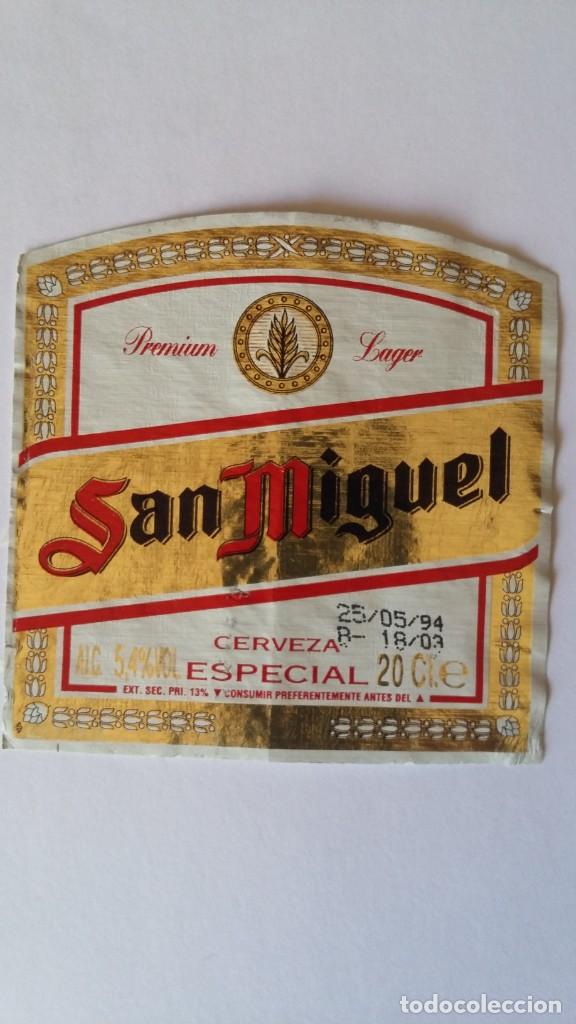 Etiquetas antiguas: Etiqueta cerveza beer San Miguel especial, dorada caduca 1994
