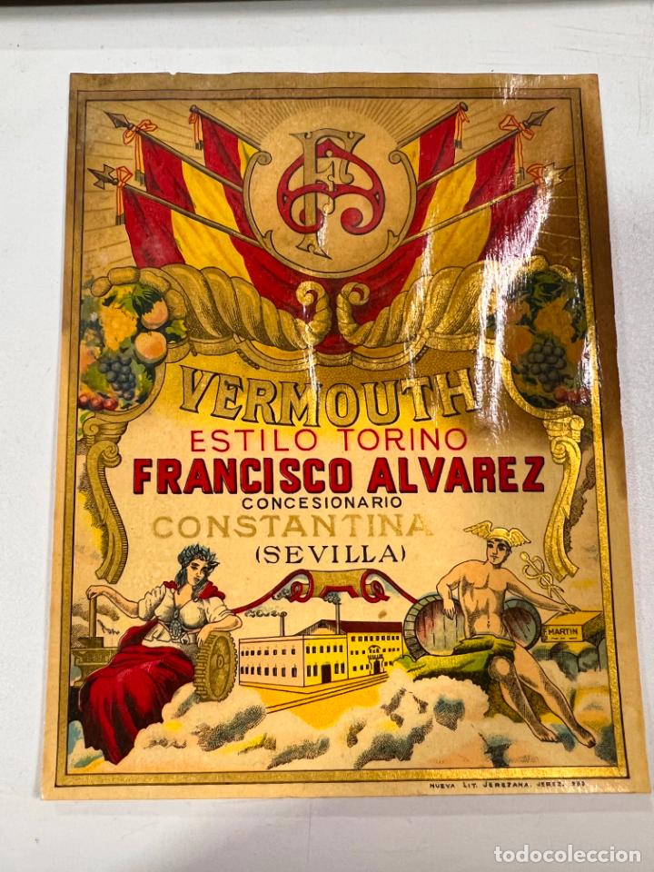 Alte Etiketten: ETIQUETA. VERMOUTH. ESTILO TORINO. FRANCISCO ALVAREZ. CONCESIONARIO CONSTANTINA. SEVILLA