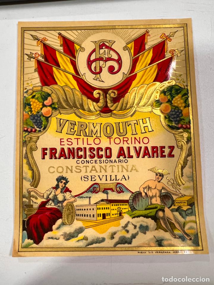 Alte Etiketten: ETIQUETA. VERMOUTH. ESTILO TORINO. FRANCISCO ALVAREZ. CONCESIONARIO CONSTANTINA. SEVILLA