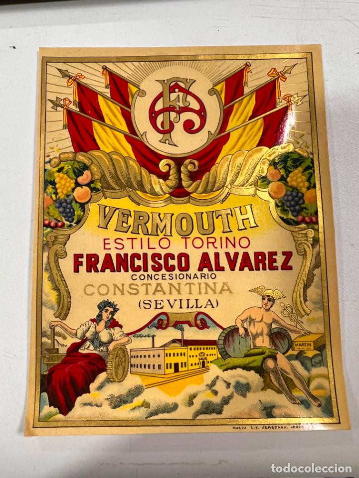 Alte Etiketten: ETIQUETA. VERMOUTH. ESTILO TORINO. FRANCISCO ALVAREZ. CONCESIONARIO CONSTANTINA. SEVILLA