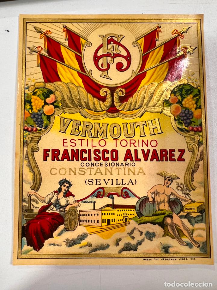 Alte Etiketten: ETIQUETA. VERMOUTH. ESTILO TORINO. FRANCISCO ALVAREZ. CONCESIONARIO CONSTANTINA. SEVILLA