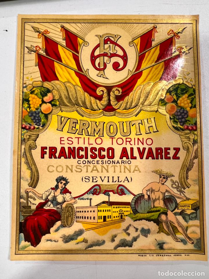 Alte Etiketten: ETIQUETA. VERMOUTH. ESTILO TORINO. FRANCISCO ALVAREZ. CONCESIONARIO CONSTANTINA. SEVILLA