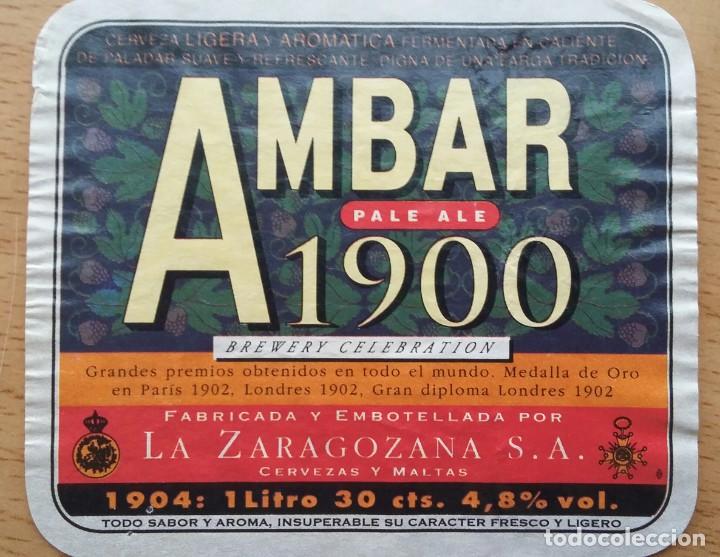 Etiquetas antiguas: Etiqueta de cerveza beer Ambar 1900 Pale ale - La Zaragozana circa 99