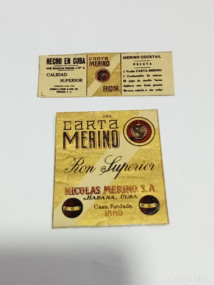 Alte Etiketten: ETIQUETA TRASERA Y CONTRAETIQUETA. CUBA. RON SUPERIOR. ORO. CARTA MERINO. NICOLAS MERINO. 6 X 6.5 CM